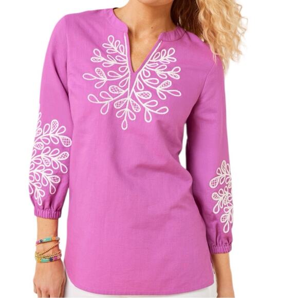 Talbots Embroidered Linen Blend Balloon Sleeve Tunic Size Large Boho Pink Resort - Picture 1 of 8